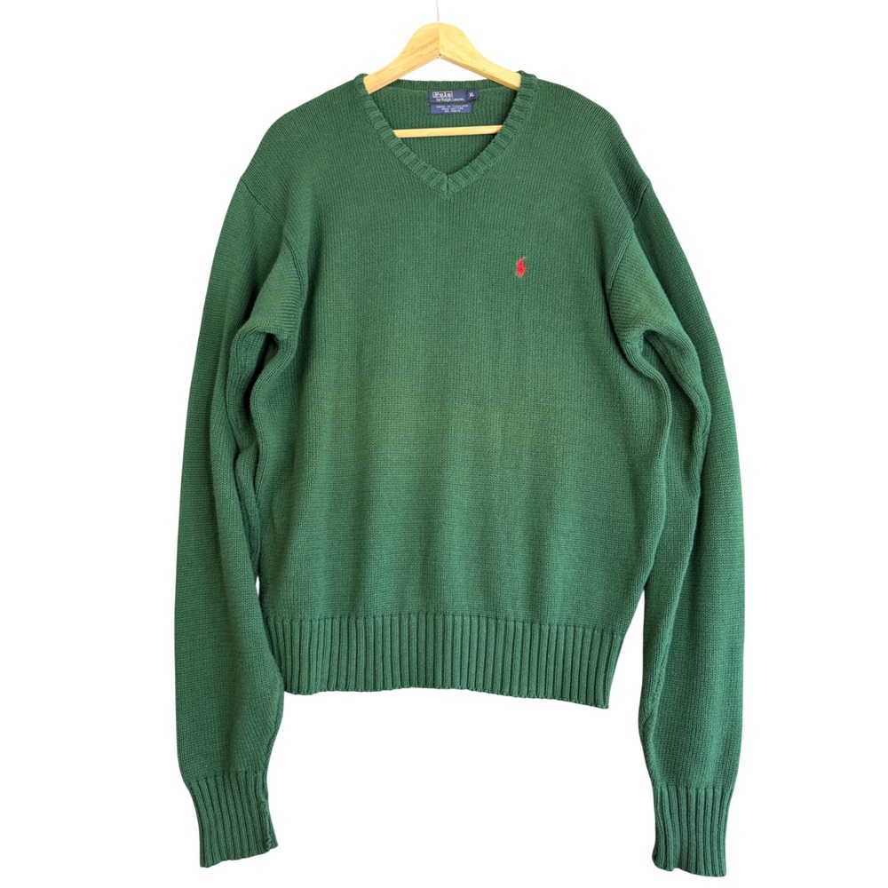 Vintage Polo Ralph Lauren Knit Sweater Mens XL Green Cotton Preppy Old Money 90s